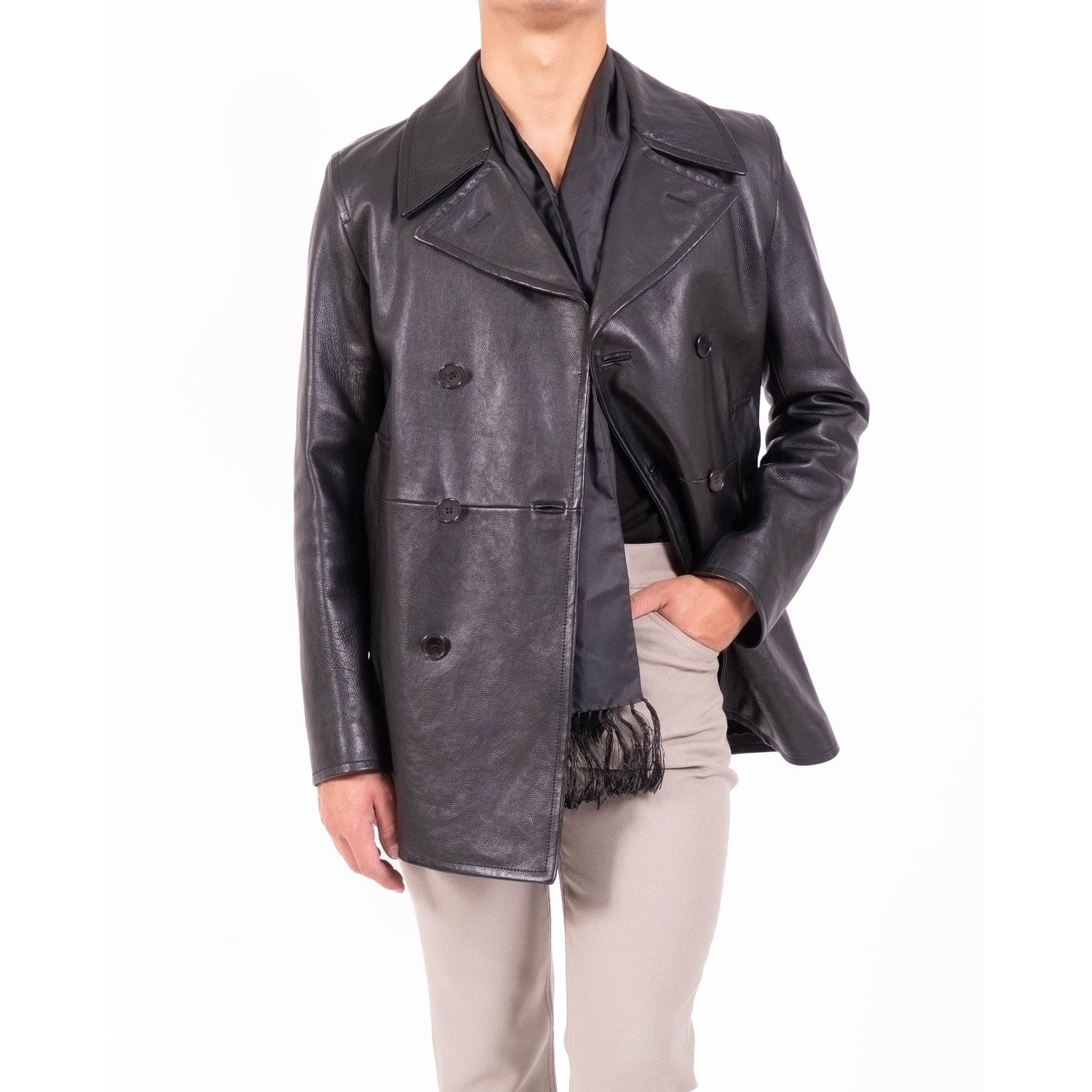 Saint Laurent Paris FW17 Double Breasted Coat in Black Textured Leather Size US L / EU 52-54 / 3 - 9 Thumbnail