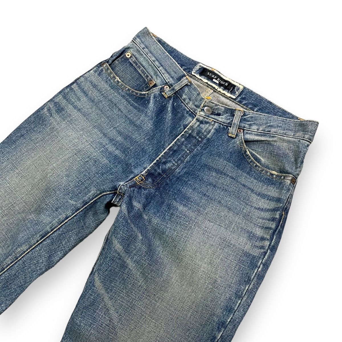 If Six Was Nine × Japanese Brand × Le Grande Bleu (L.G.B.) 🇯🇵 SURF RIDER SPIRAL CUT FLARED DISTRESSED DENIM PANTS Size US 30 / EU 46 - 3 Thumbnail