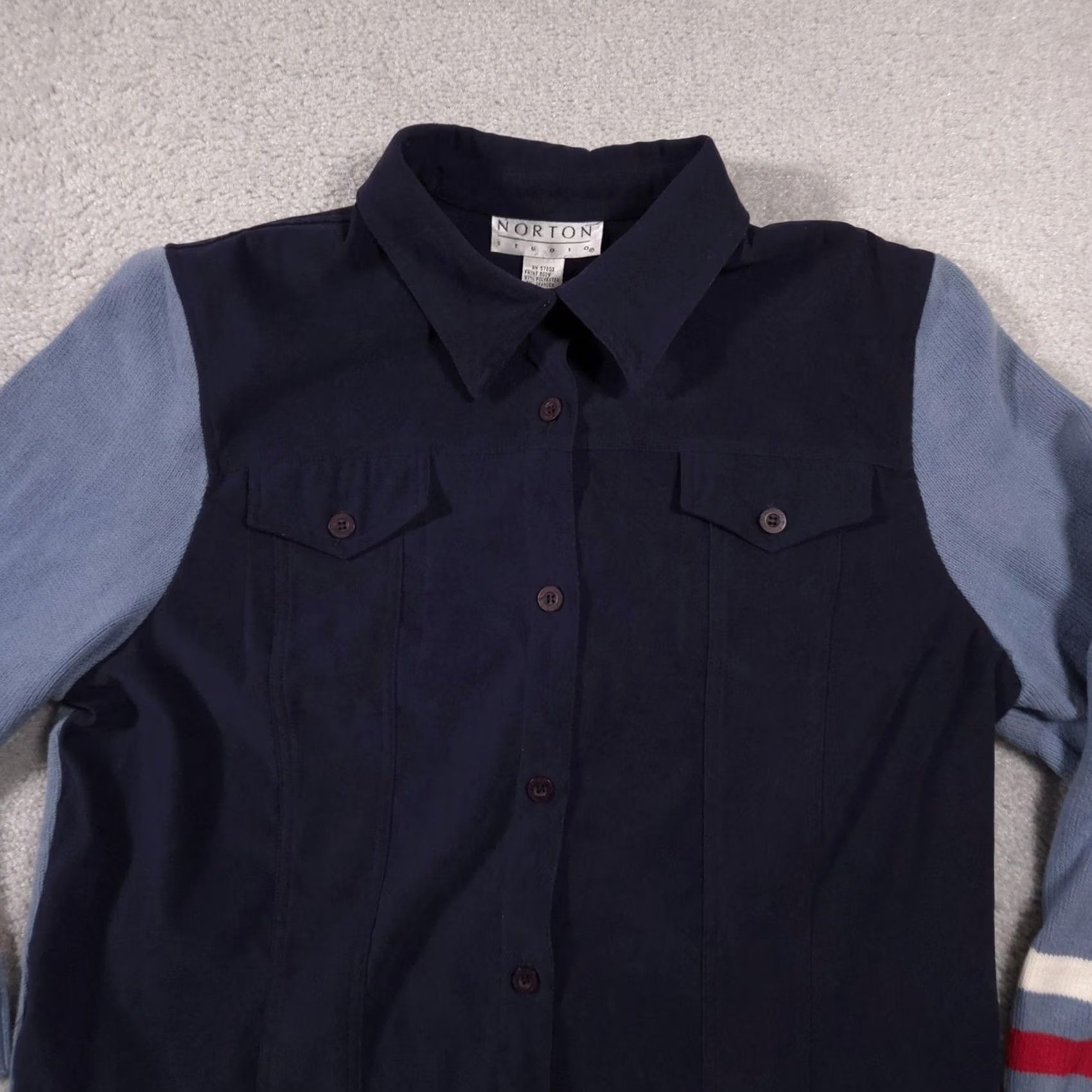Vintage Norton Studio Jacket Womens XL Navy Blue Knit Sleeves Star Back Button Front Size XL / US 12-14 / IT 48-50 - 3 Thumbnail