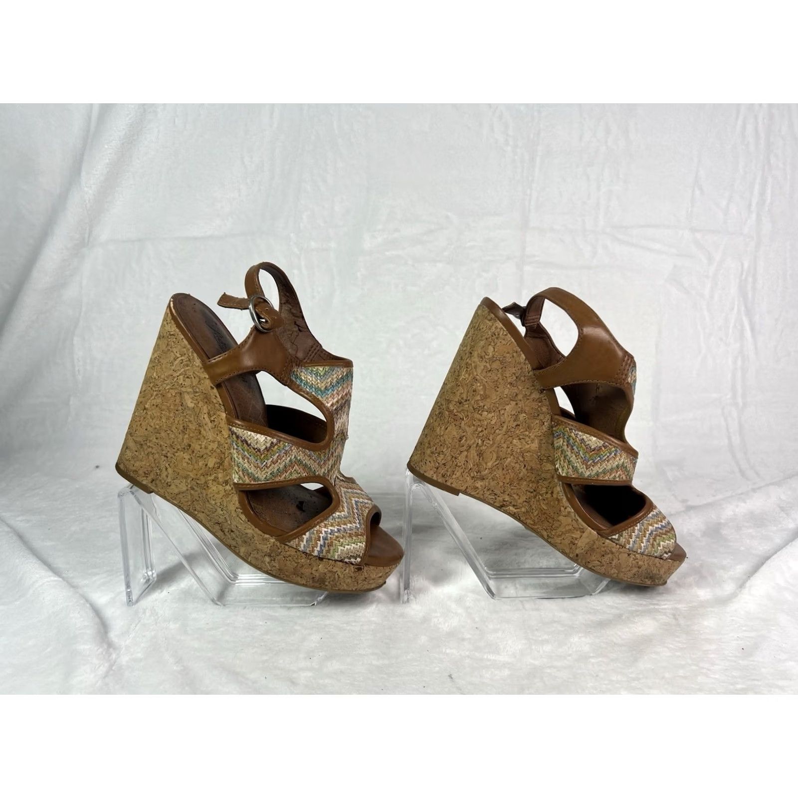 Lucky Brand VINTAGE None Lucky Brand Coleen Wedge Sandal Women Size 9 Casual Slingback Buckle Leather Upper Black Brown 4 in & Higher Womens Size US 9 / IT 39 - 4 Thumbnail