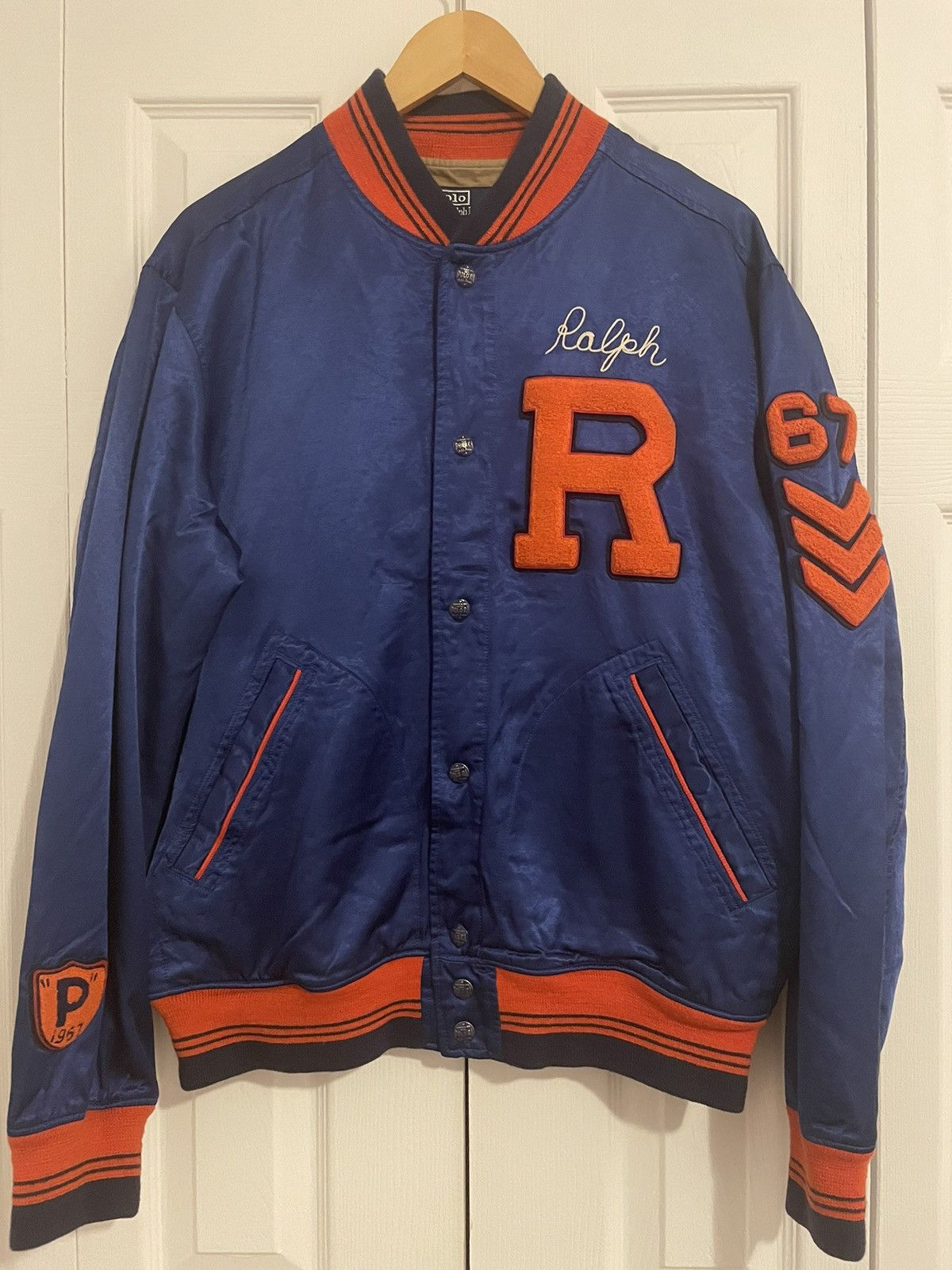 image of Polo Ralph Lauren Polo Letterman Varsity Jacket in Blue, Men's (Size Medium)