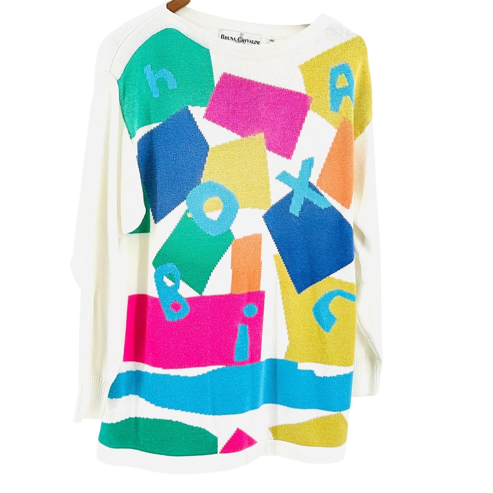 Vintage Vintage 90s Bruna Cavvalini White Geometric Sweater Size L / US 10 / IT 46 - 1 Thumbnail
