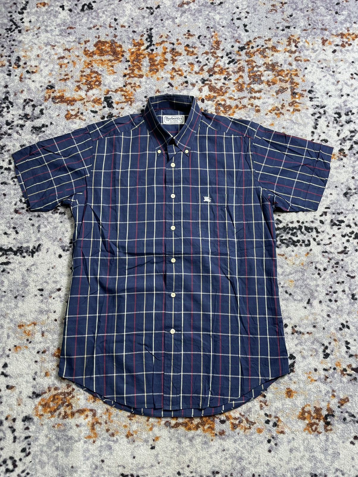 image of Burberry Vintage Burbereys Navy Nova Check Short Sleeve Shirt, Men's (Size Medium)