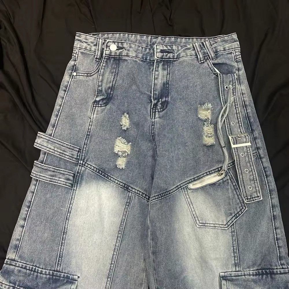 Washed Blue Ripped Cargo Jean