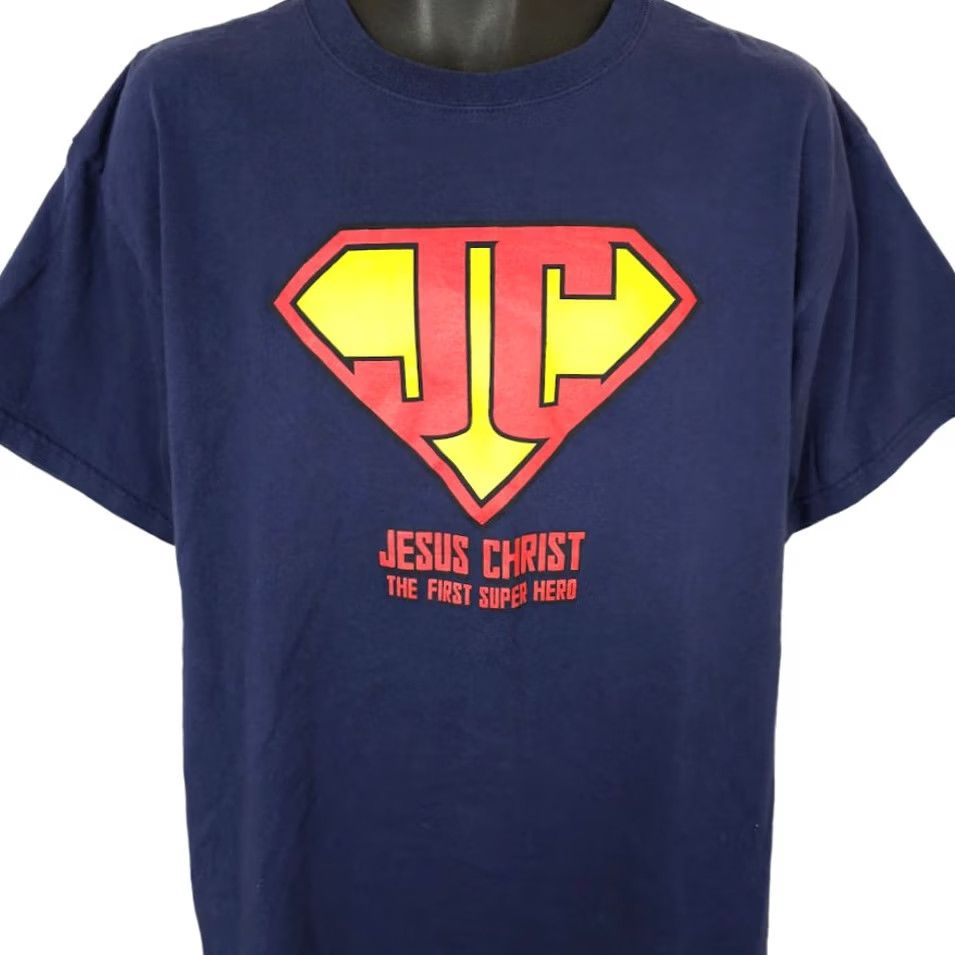 Delta VINTAGE Delta T Shirt Mens L Blue Christian Jesus Christ Hero Y2K Super Church Theme God Bible Parody Shirt Mens Size US L / EU 52-54 / 3 - 2 Thumbnail