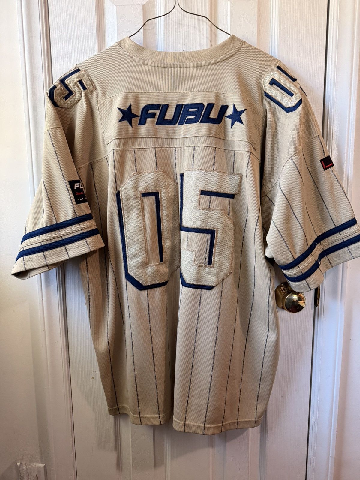 Fubu Vintage FUBU Football Jersey 05 Pinstripe Cream Navy Y2K Size US XXL / EU 58 / 5 - 2 Thumbnail