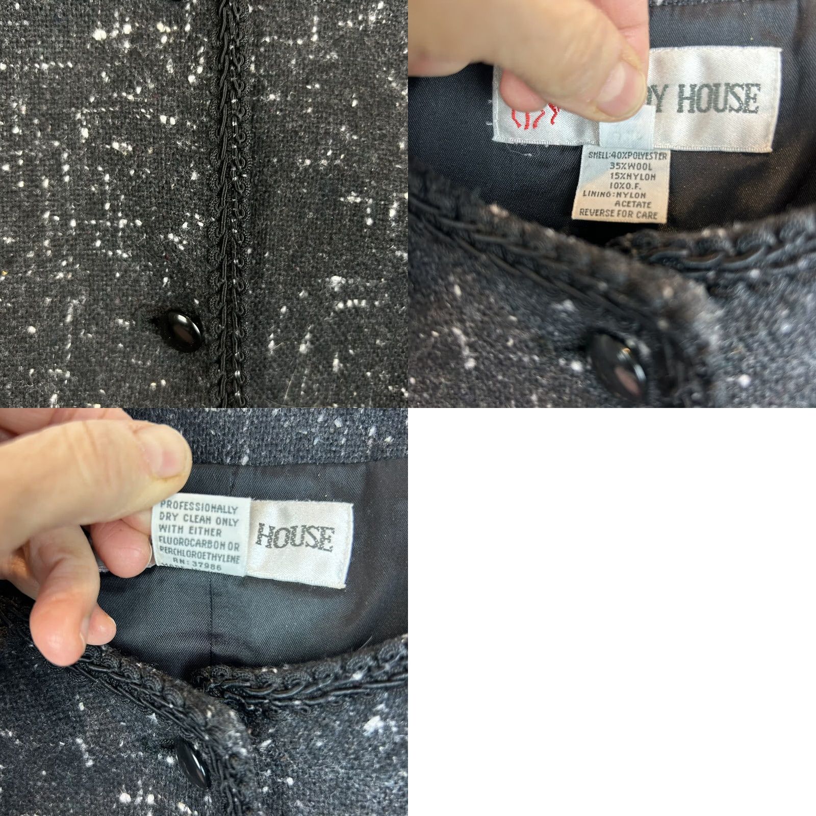 Vintage Peabody House Blazer Womens 12 Black Textured Wool Blend Lined Jacket Tweed Single-Breasted 5-Button Collarless Read Mens Womens Girls Size XL / US 12-14 / IT 48-50 - 8 Thumbnail