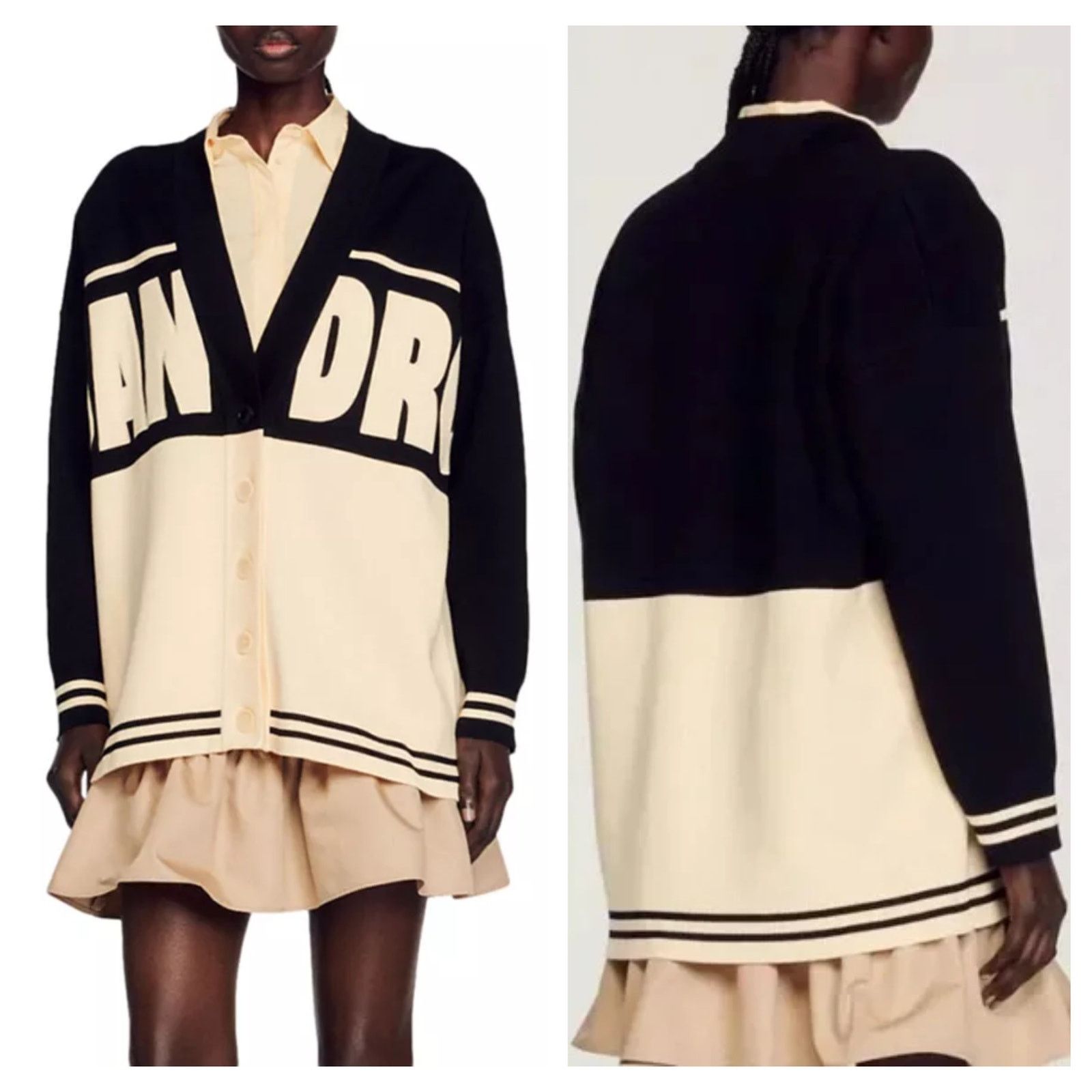 image of NWT Sandro Benidorm Oversized Logo Appliqué Cardigan Size 1 in Black, Women's