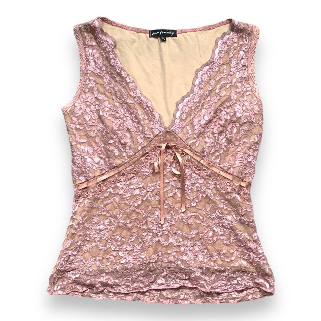 Vintage Vintage Ann Ferriday Pink Lace Tank Top Sleeveless Vneck Tie Size S / US 4 / IT 40 - 2 Thumbnail