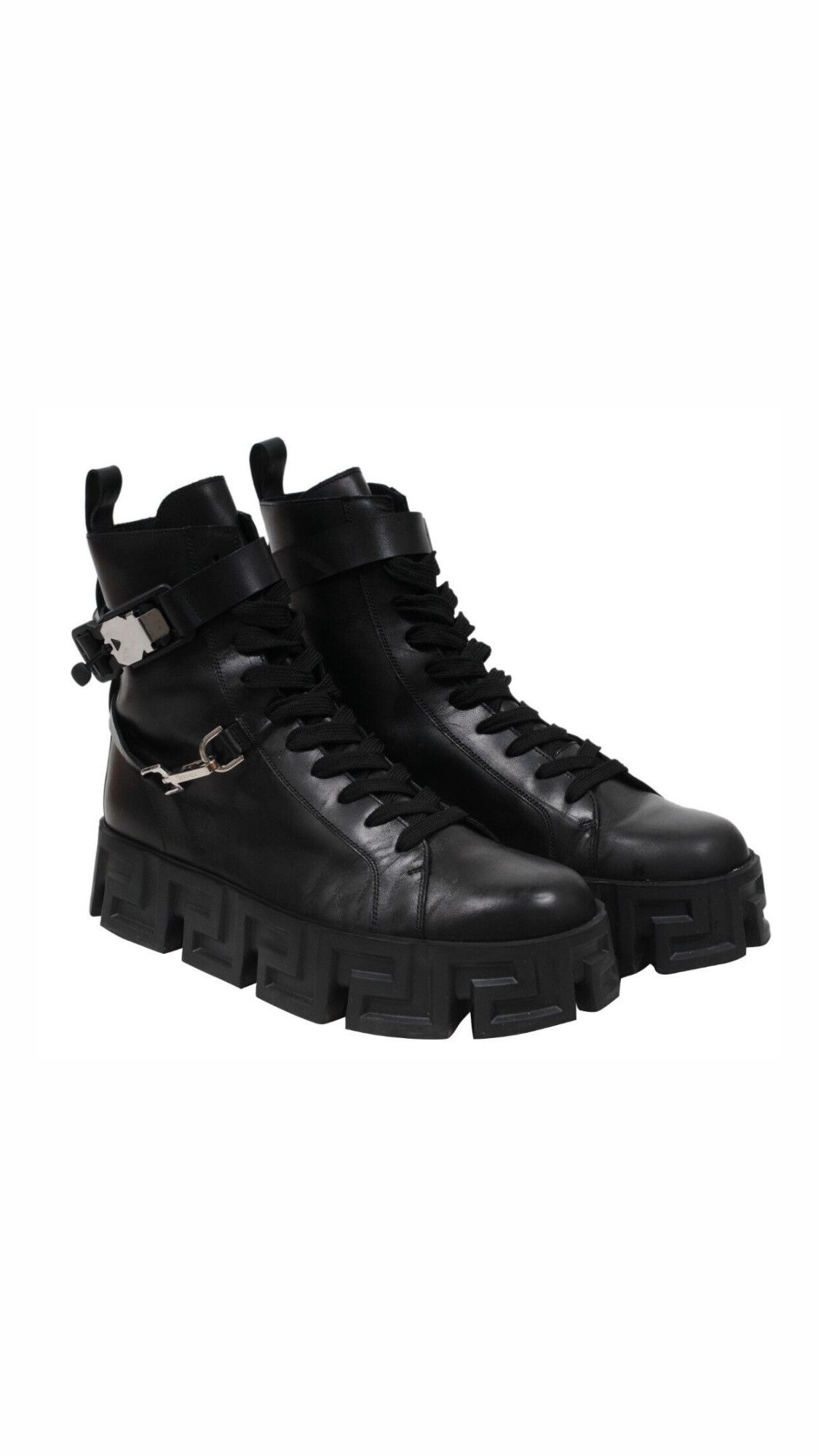 image of Versace Greca Labryinth Black Leather Chunky Boots, Men's (Size 12)