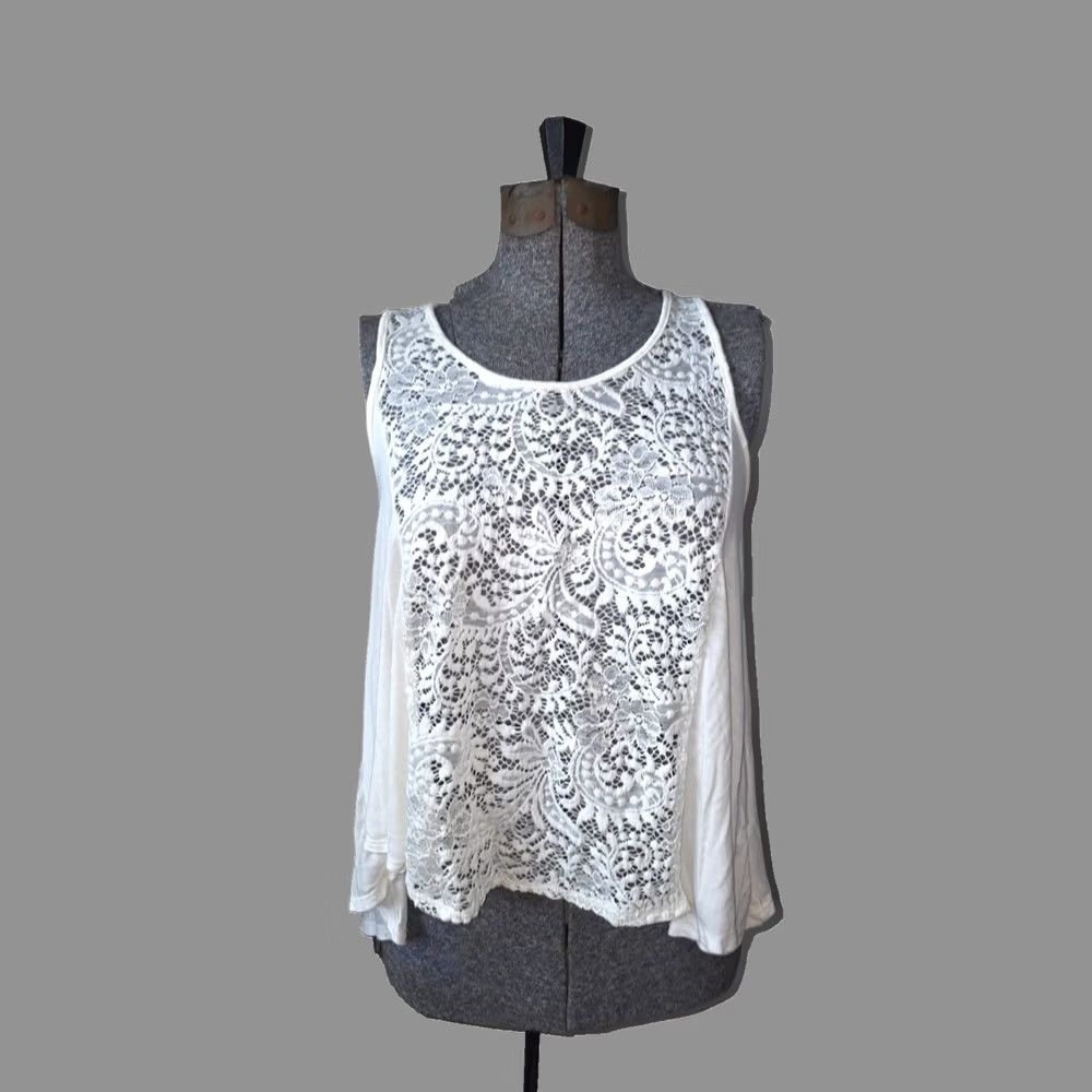 Vintage YouAreNotAlone Tank Top Blouse Women's White Crochet Racerback Sleeveless Floral Beach Summer Casual High Low FlowY Racerback Scoop Neck Womens S Size S / US 4 / IT 40 - 1 Thumbnail