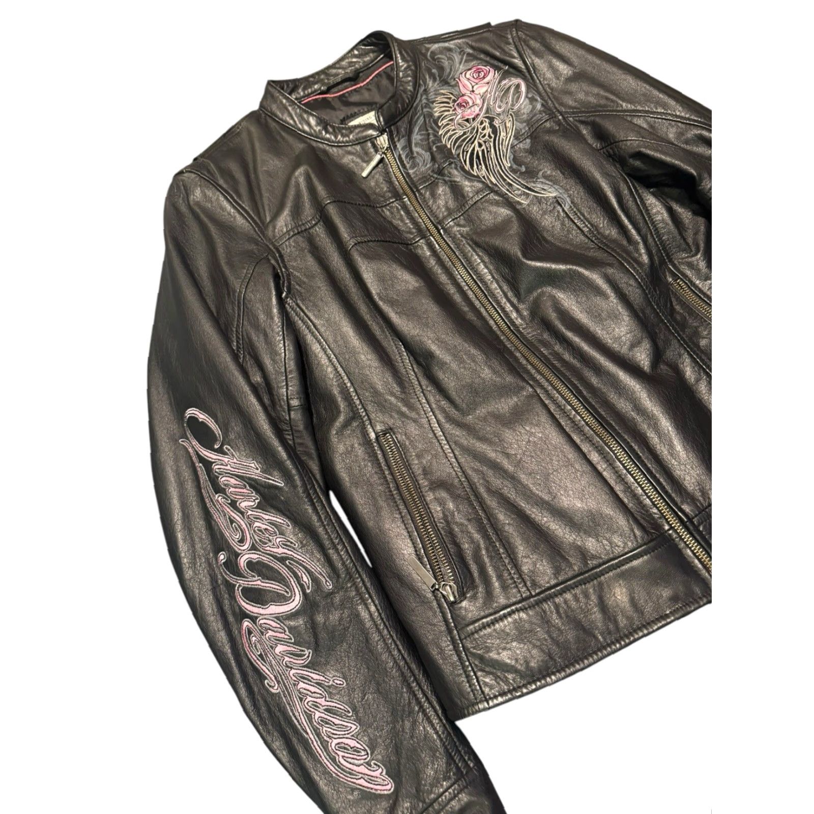 Harley Davidson VINTAGE Harley-Davidson Womens Biker Jacket Leather Rose Pink Size L Black Mid-Length Long Sleeve Regular Clean Embroidered Logo Size L / US 10 / IT 46 - 3 Thumbnail