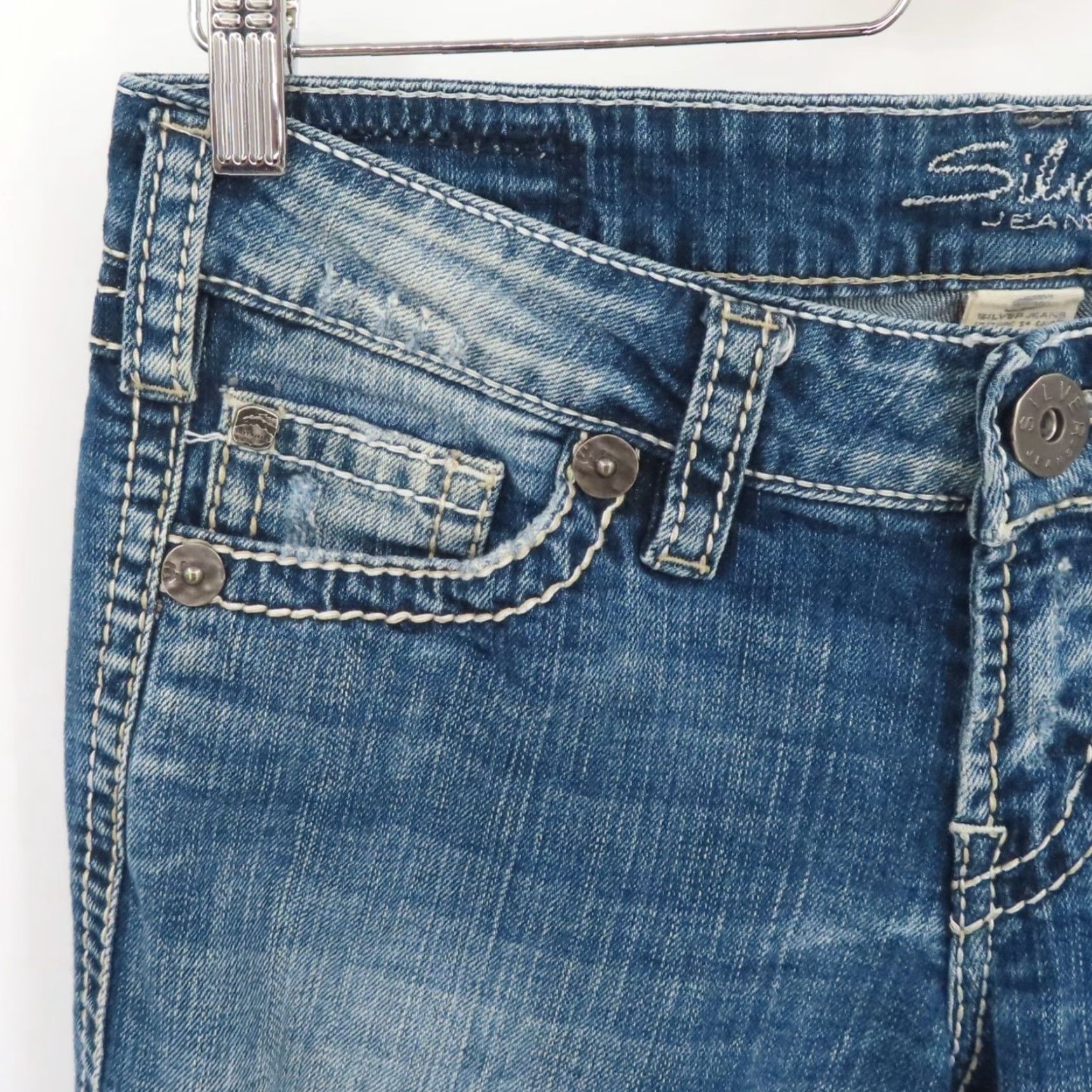 Silver Jeans Co. Silver Jeans Women 5 Twisted Bootcut Distressed Denim Solid Blue White Seams Jeans Women Size 5 Bootcut 5-Pocket Denim Cotton Blend Vintage No Size 27" / US 4 / IT 40 - 3 Thumbnail