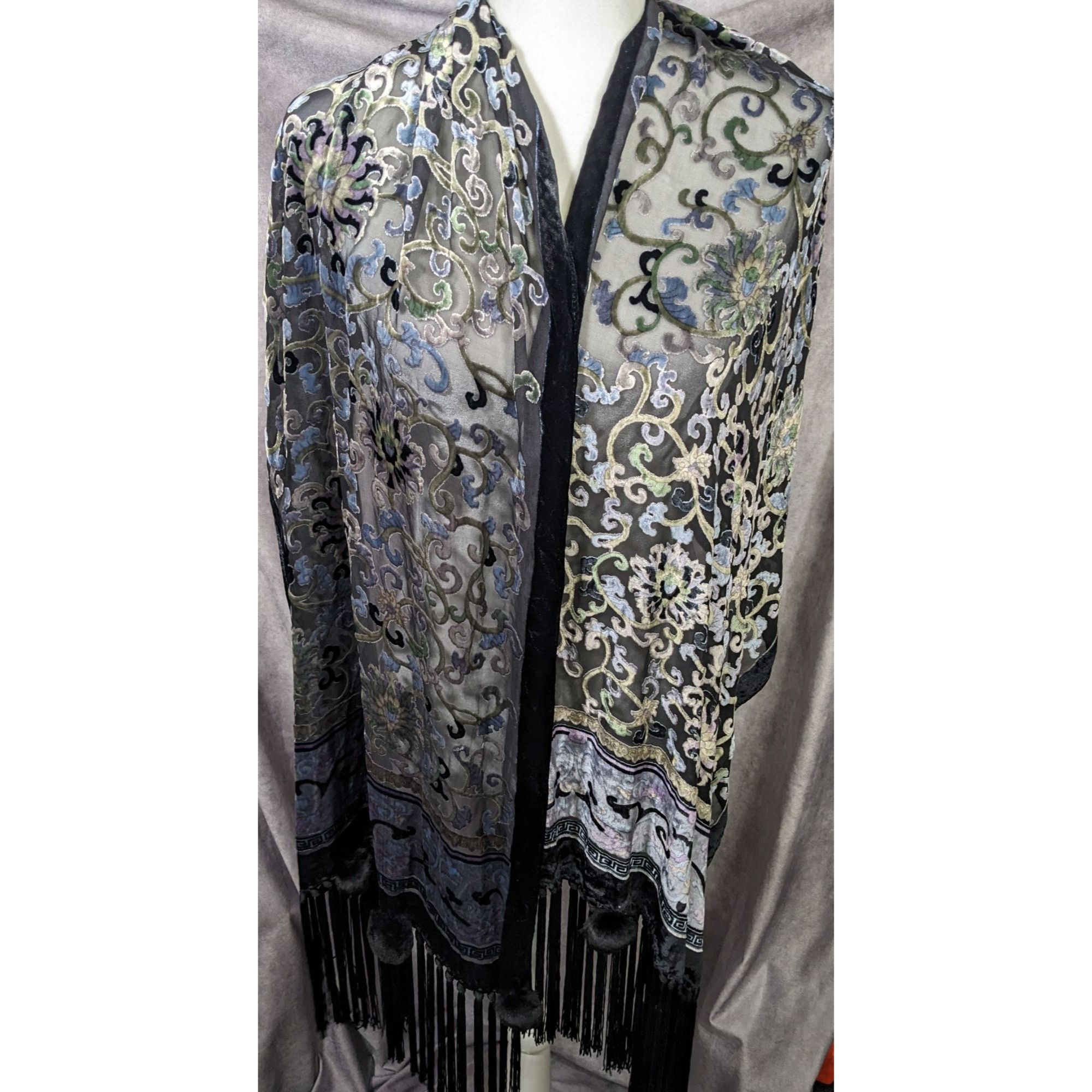 Other Vintage Fantasy Black And Pastel Velvet Burnout Scarf With F Size ONE SIZE - 8 Thumbnail