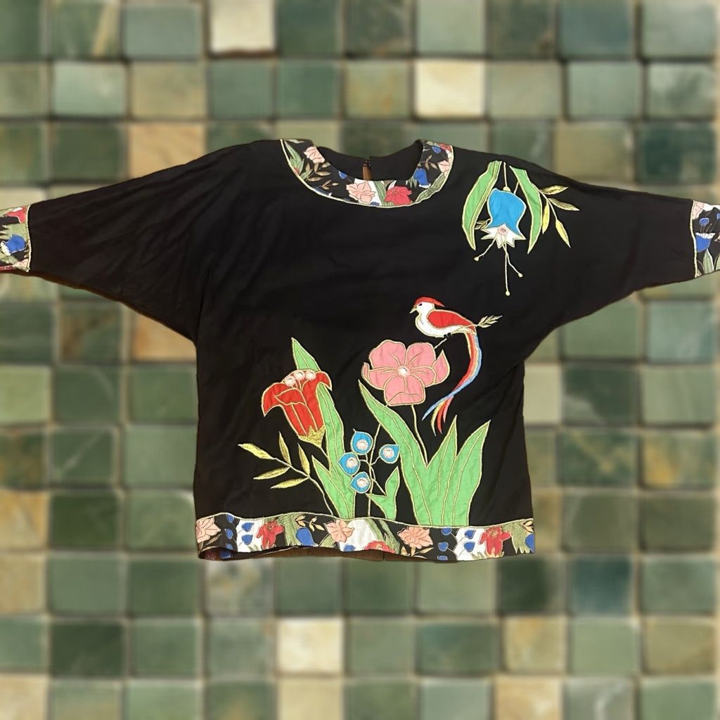 VINTAGE Ramona Rull Blouse Shirt Women’s Boho Embroidered Black Bell Sleeve Medium 70s 80s Colorful