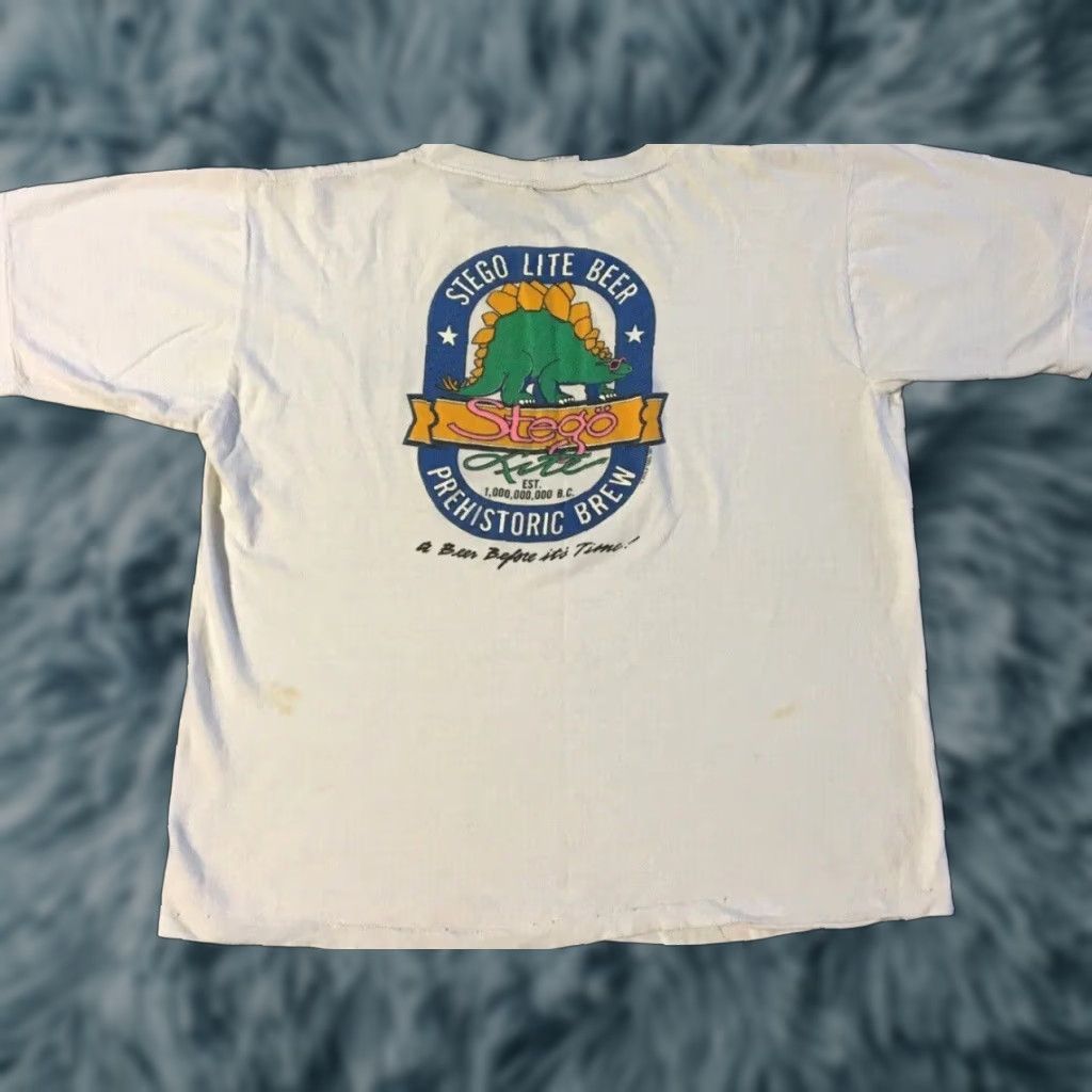 Vintage VINTAGE 80s Stegosaurus Beer Hawaii Shirt Mens Small White Distressed Grunge Band Tee S M Beach Bar humor Size US S / EU 44-46 / 1 - 1 Thumbnail