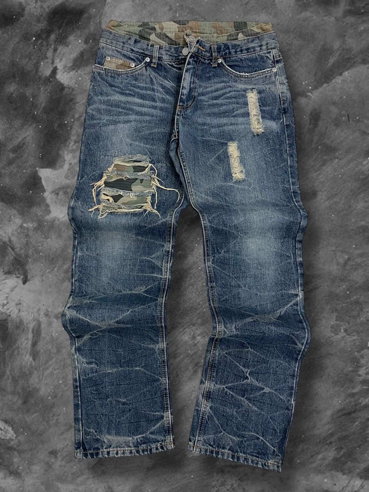 Japanese Brand Vintage 1990s Japan Co&Lu Double Waist War Distressed Denim Size US 30 / EU 46 - 1 Thumbnail
