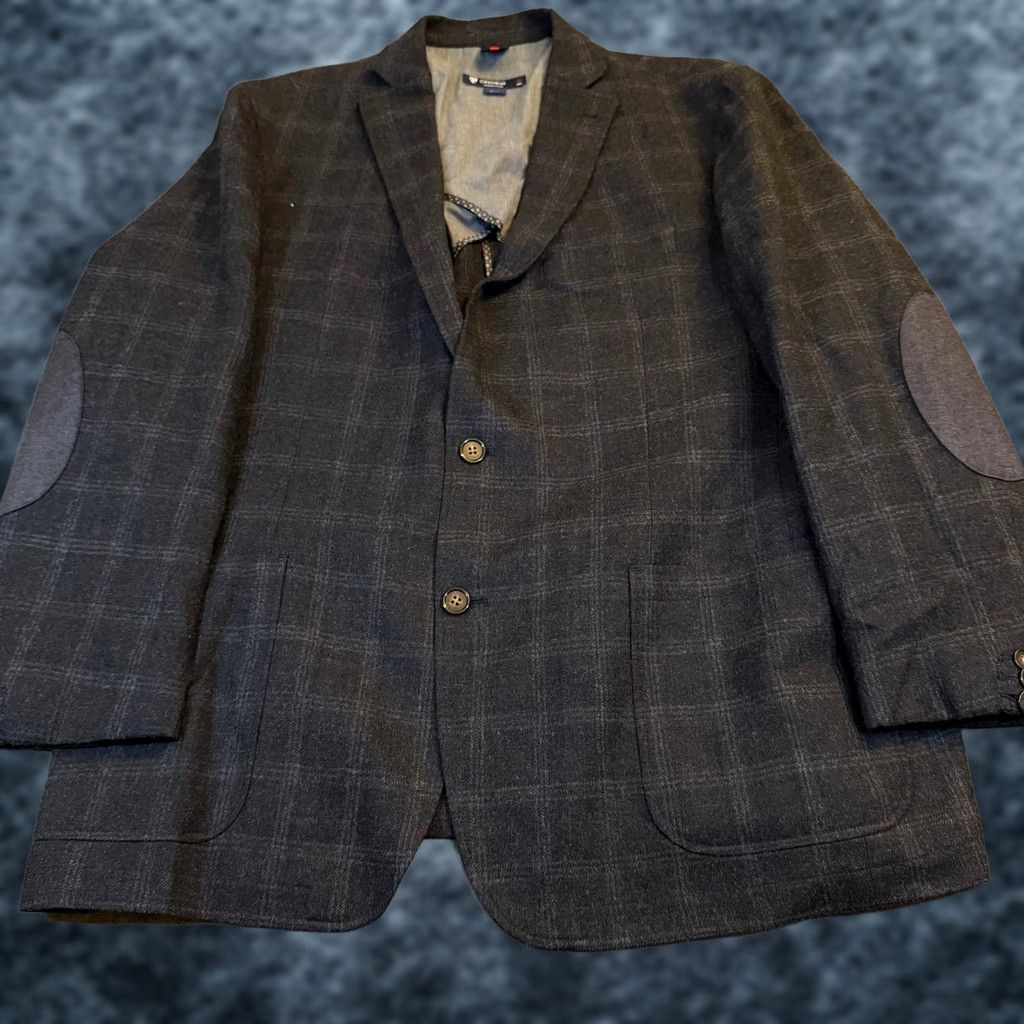 Cremieux Cremieux Collection Blazer Sport Coat XL Gray Windowpane Plaid Wool Blend Notch Lapel Two-Button Elbow Patch Pocket Patch Front Business Casual Mens Size 46R - 1 Thumbnail