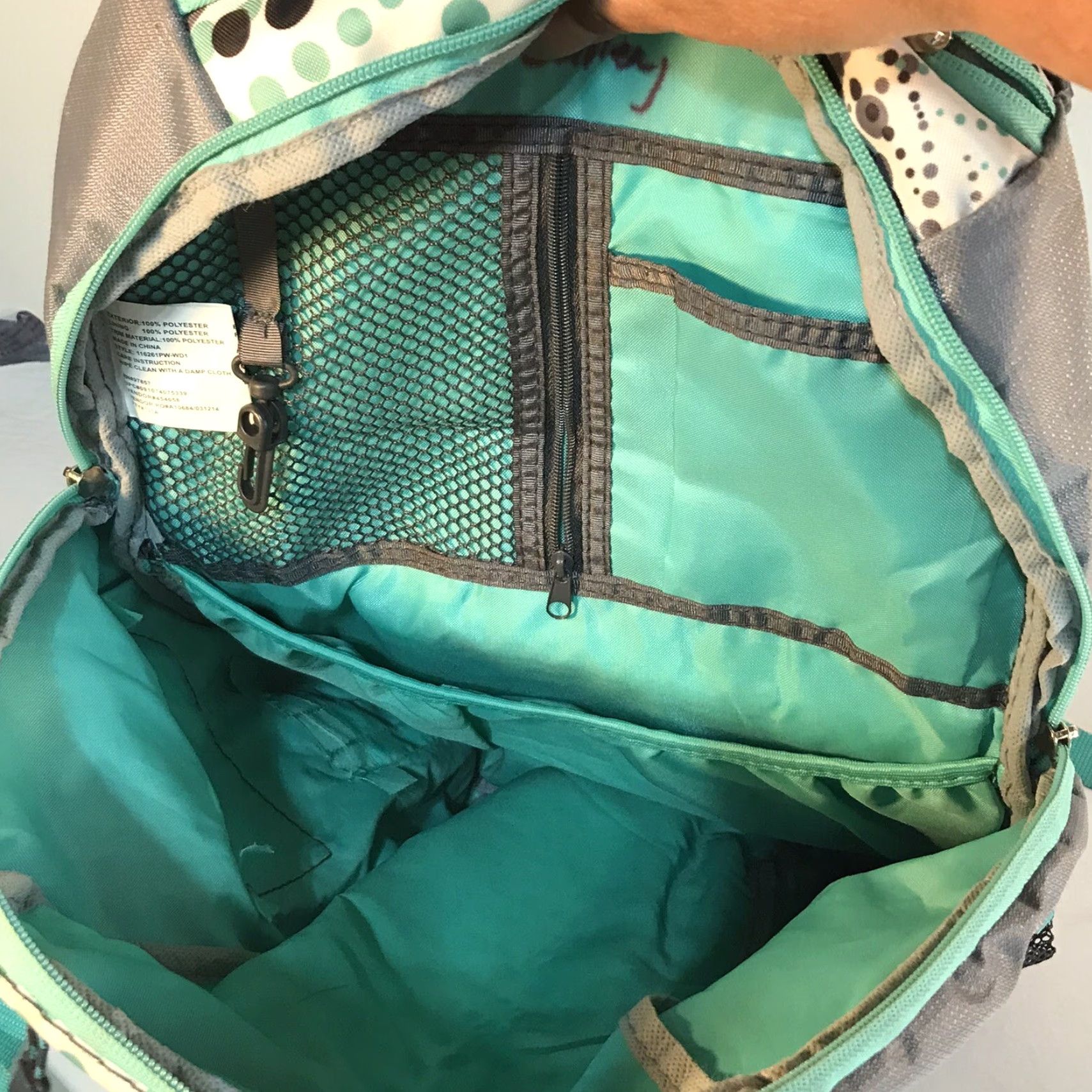Vintage EASTSPORT Teal/Gray/White Large Backpack - Casual Travel Workwear - Multi Pockets, Drawstring Closure, Polka Dot - Women’s Size ONE SIZE - 3 Thumbnail