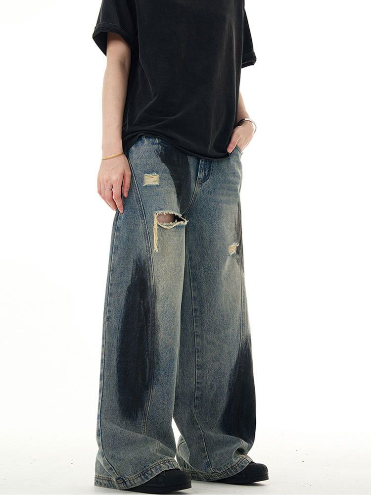 Japanese Brand × Jean Washed distressed ink-splashed loose wide-leg ripped jeans Size US 32 / EU 48 - 5 Thumbnail