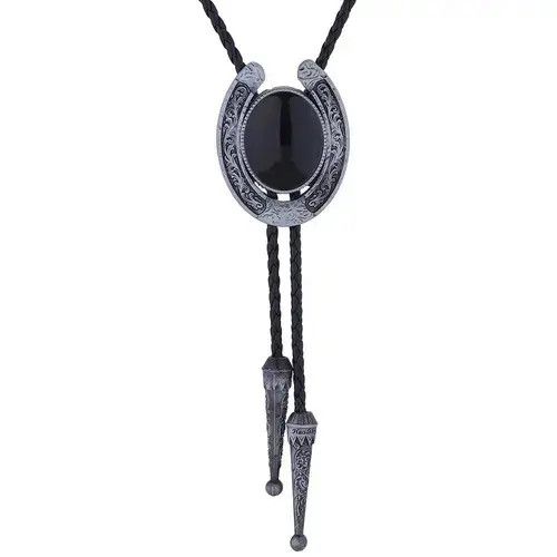 Cowboy Equipment × Vintage Western Horseshoe Black Agate Leather Rope bolo tie Size ONE SIZE - 1 Thumbnail