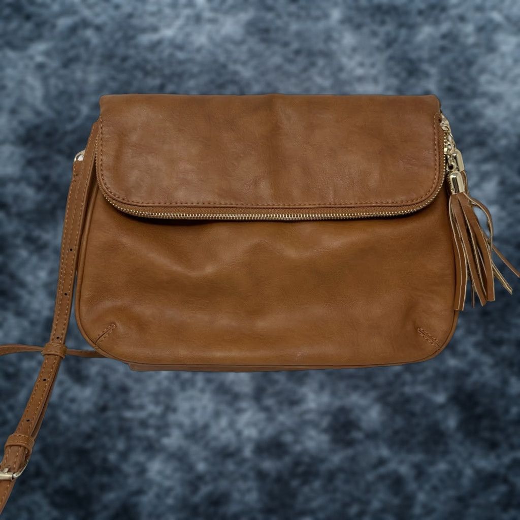 Vintage BP Crossbody Bag Small Faux Leather Brown with Tassel Strap Purse, Brass Hardware, Zip Closure, Women’s Casual Rectangle Size ONE SIZE - 1 Thumbnail