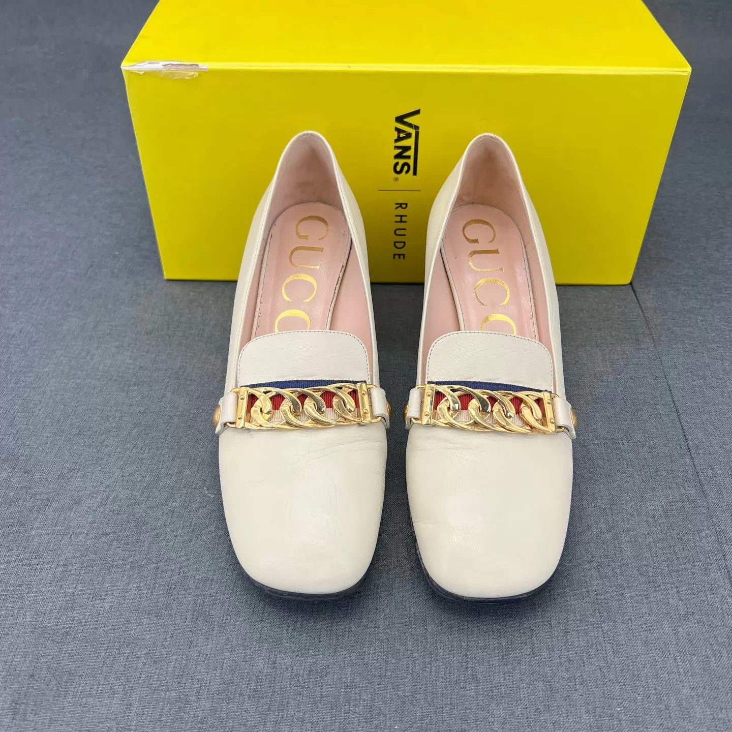 Gucci Gucci Sylvie Leather Block Heel Pumps Beige 37.5 Size US 7 / IT 37 - 4 Thumbnail