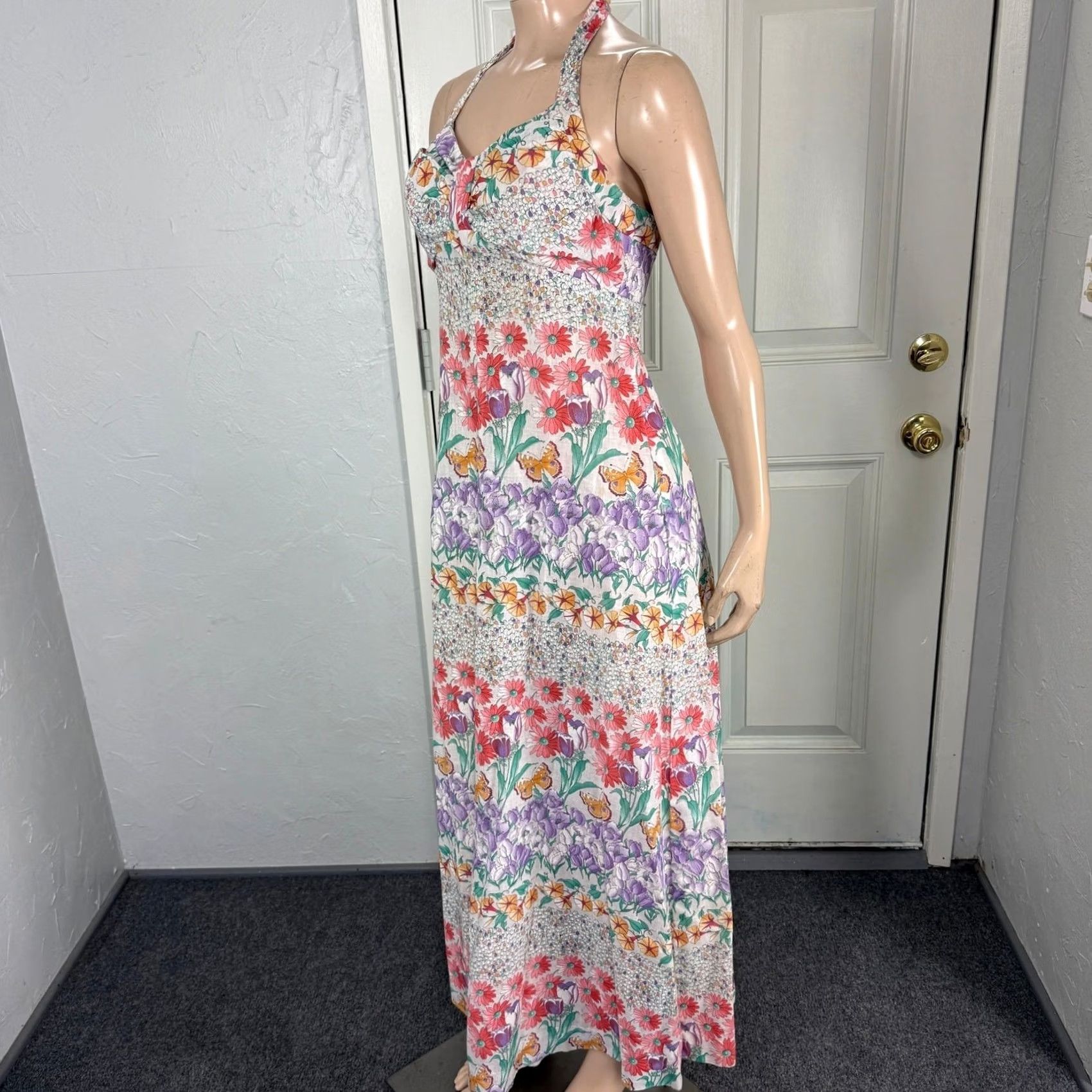 Vintage VINTAGE Floral Cotton Halter Dress XS Long Maxi 70s Bohemian Butterfly Hippie NN27 Womens Size XS / US 0-2 / IT 36-38 - 6 Thumbnail