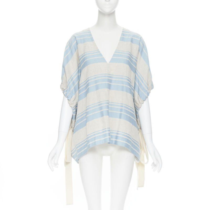 Lee Mathews LEE MATTHEWS light grey blue striped linen cotton drawstring poncho top US0 XS Size XS / US 0-2 / IT 36-38 - 1 Thumbnail