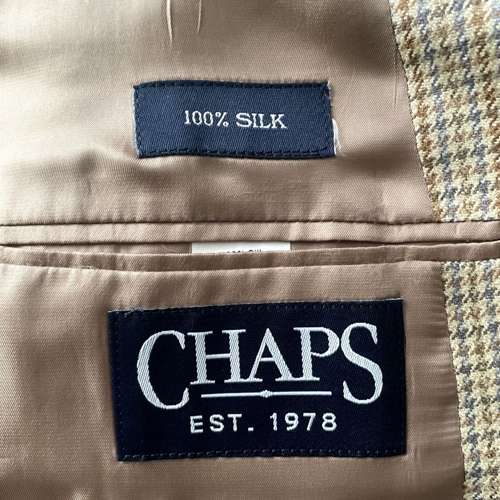Chaps Chaps Blazer Men 46R Tan Houndstooth Silk Sport Jacket Single-Breasted Notch Lapel All Seasons Office Size 46R - 3 Thumbnail
