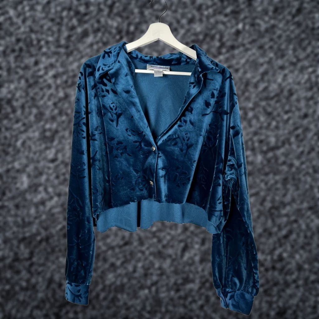 Diane von Furstenberg Diane von Furstenberg Shirt Womens 1X Blue Velvet Floral Button Long Sleeve Size XL / US 12-14 / IT 48-50 - 1 Thumbnail
