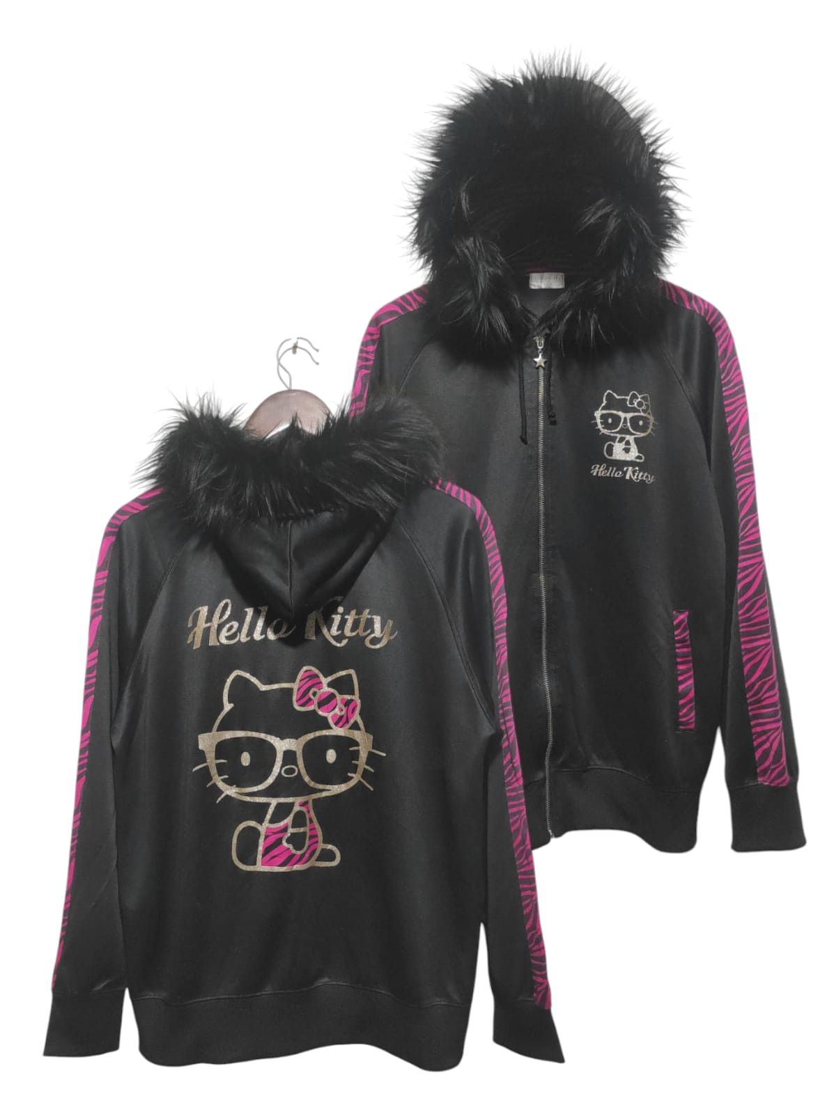 Pre-owned Hysteric Glamour X If Six Was Nine Hello Kitty Leopard Black Zip Fur Hoodie Lgb Style (size Large)