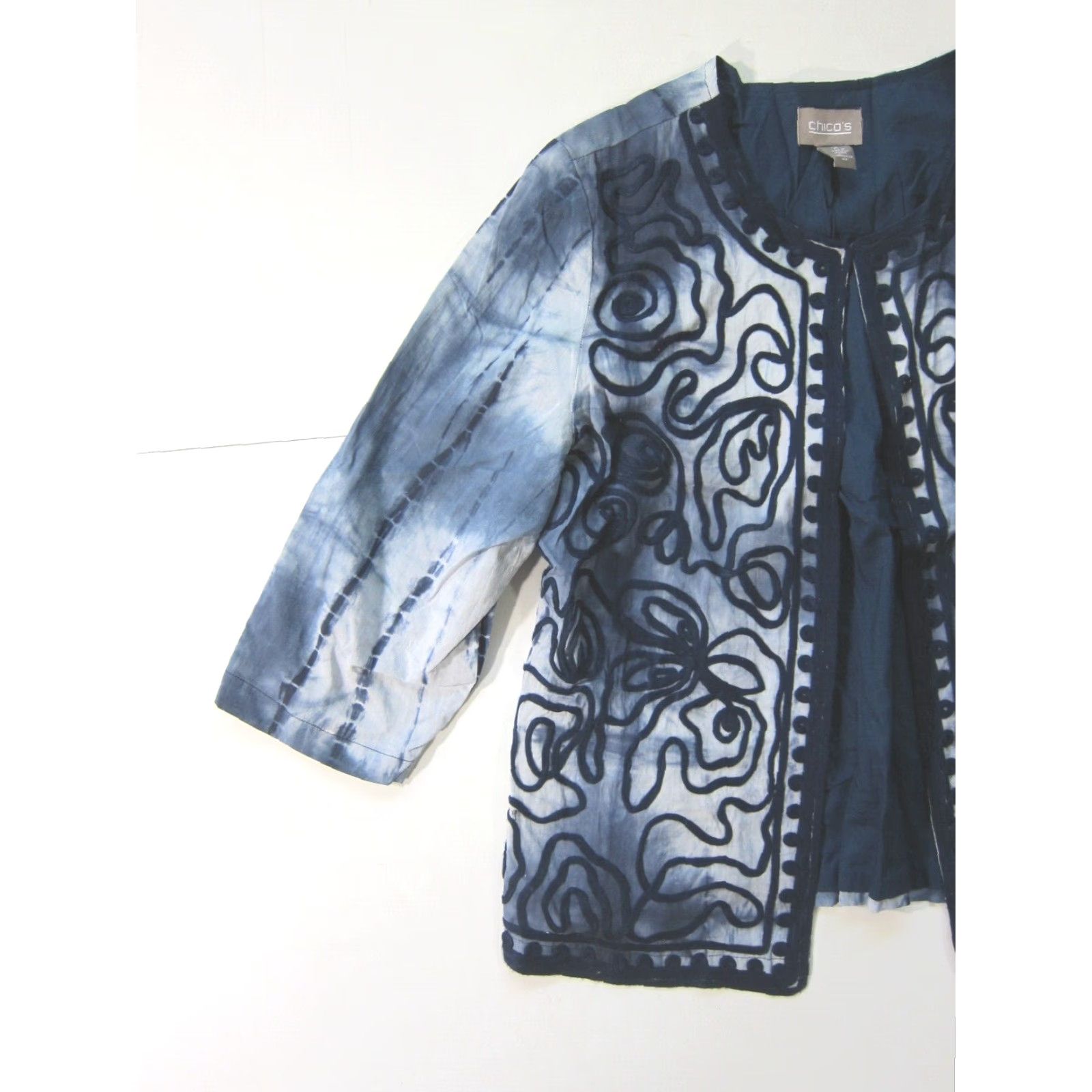 Vintage Chico's 100% Cotton Blue Tie Dye Embroidered Open Cardigan Jacket Women L Large Size L / US 10 / IT 46 - 6 Thumbnail