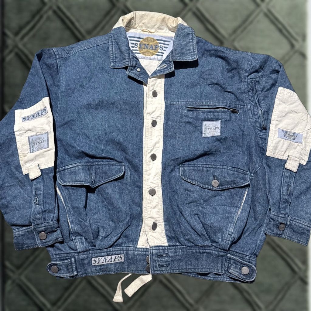 Denime VINTAGE Synaps Denim Jacket White Contrast Panels Logo Patch Applique XL Men Brown? Size US XL / EU 56 / 4 - 1 Thumbnail