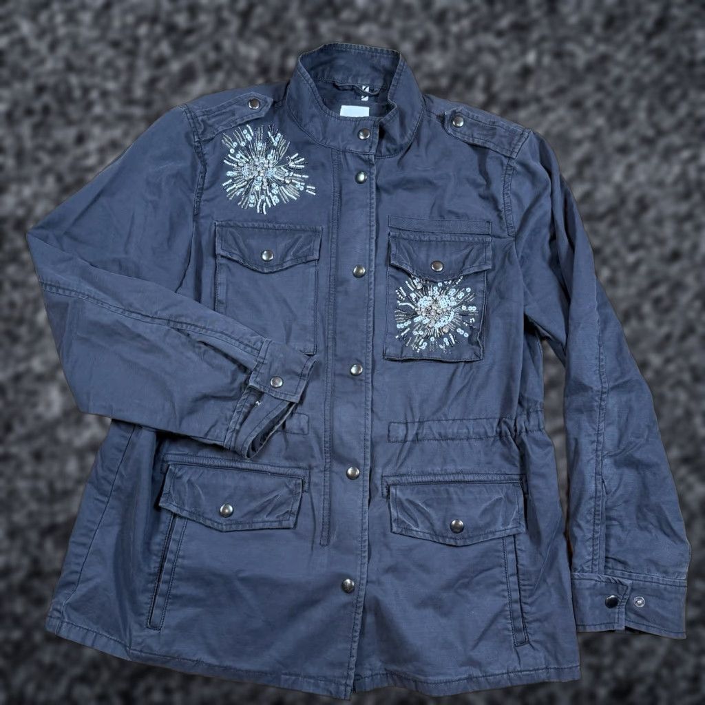Gap VINTAGE Gap Jacket Women’s M Button Gray Military Jacket with Jewels / Dazzles (Cotton) Regular Women’s Size M Size M / US 6-8 / IT 42-44 - 1 Thumbnail