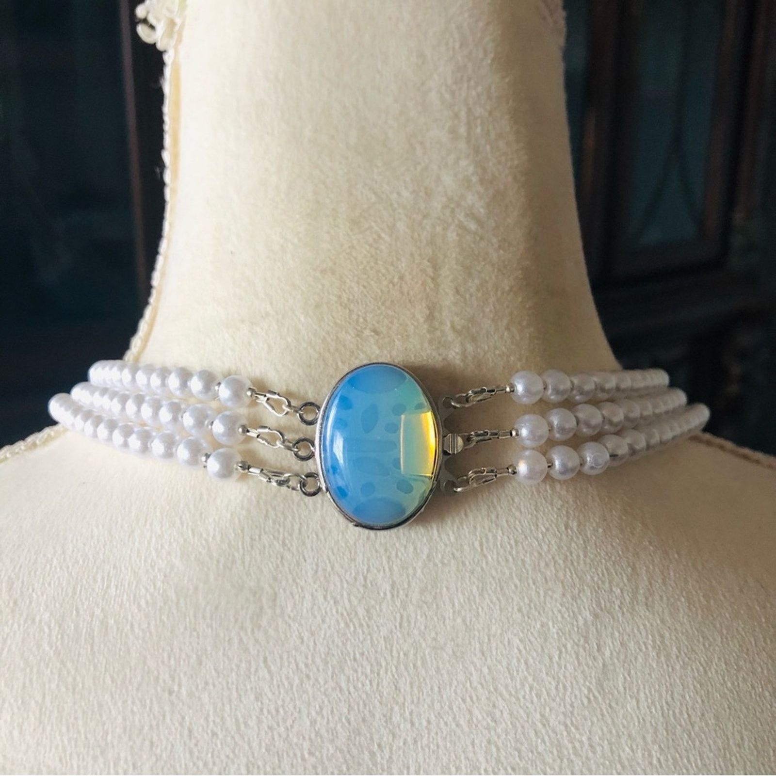 Handmade Handcrafted triple strand white pearl opalite clasp necklace Size ONE SIZE - 8 Thumbnail