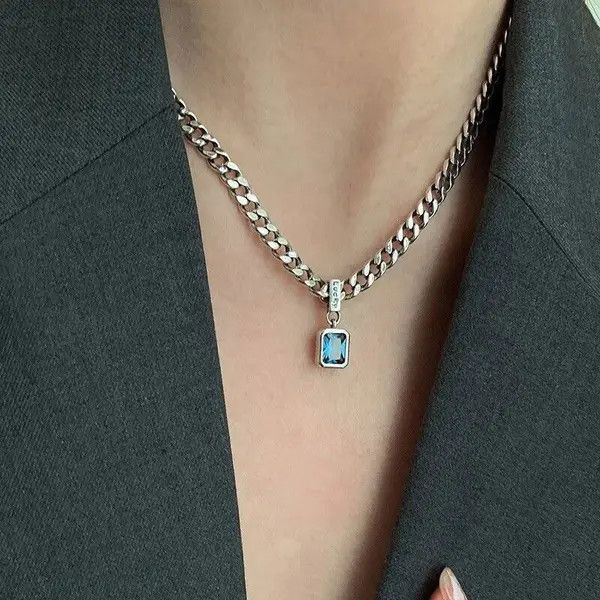 Jewelry Stainless Steel Square Blue Necklace Size ONE SIZE - 3 Thumbnail