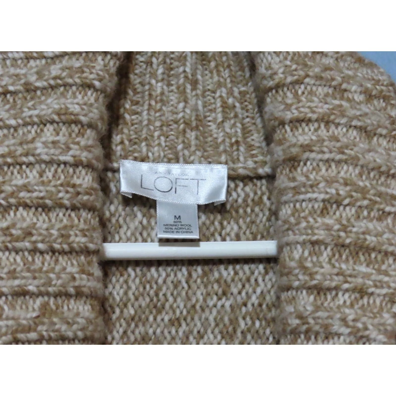 Loft VINTAGE LOFT Ann Taylor LOFT Women's M Cardigan Open Sweater Wool Blend Long Sleeve Tan Brown V-Neck 50% Wool/50% Acrylic Regular Womens Size M / US 6-8 / IT 42-44 - 2 Thumbnail