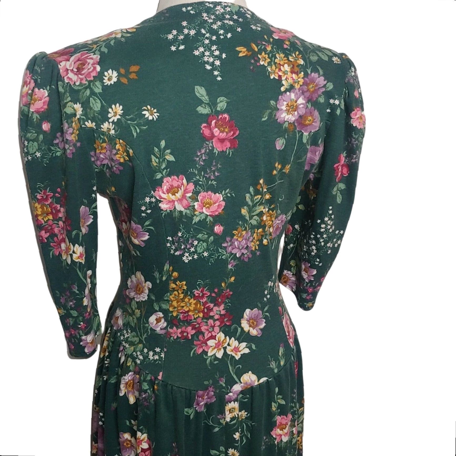 Vintage VINTAGE Scandels Dress Medium Green Floral Knit Drop Waist Casual/Party/Wedding 1980s 1990s Womens Size M / US 6-8 / IT 42-44 - 3 Thumbnail