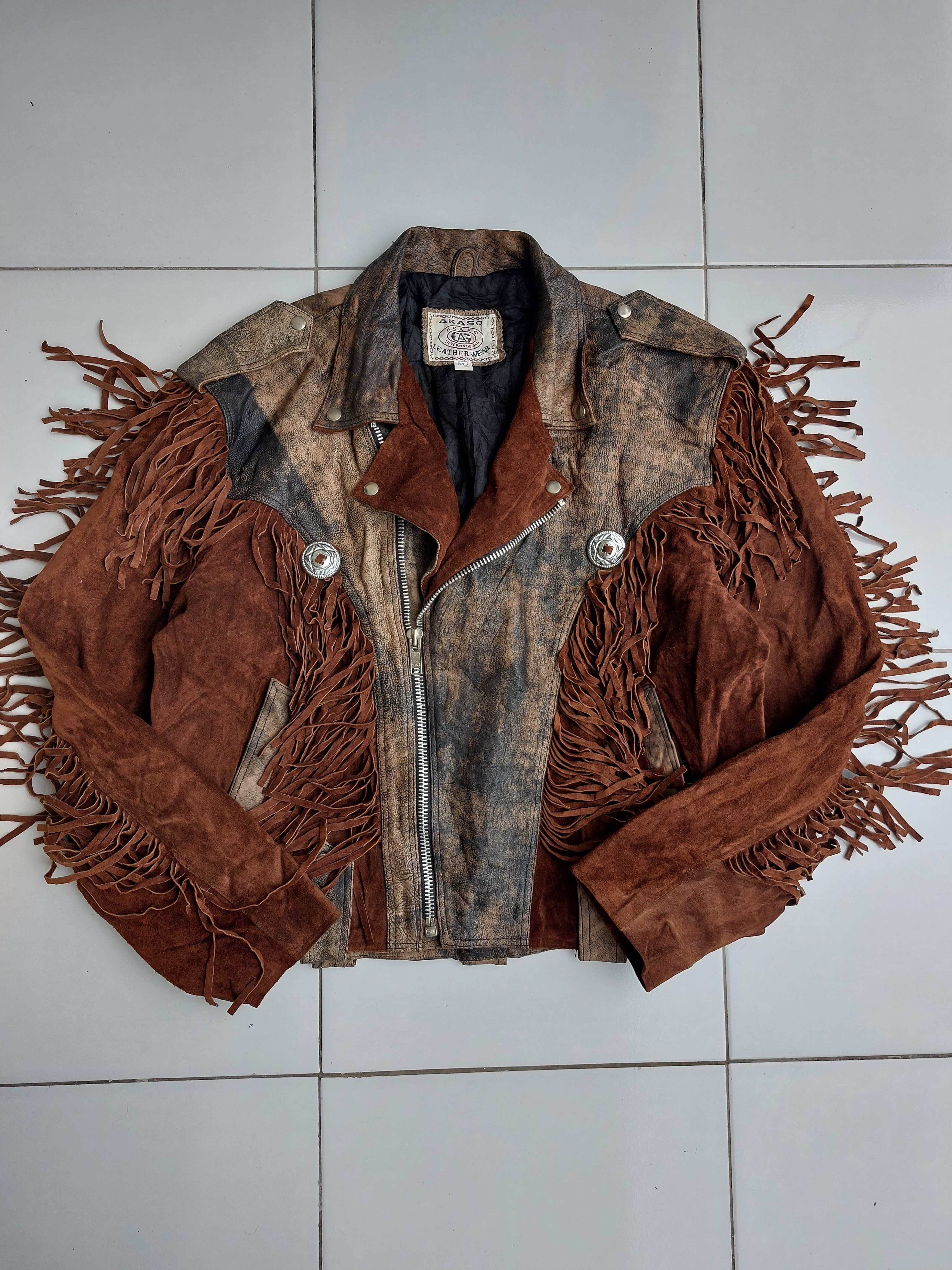 Vintage Akaso Vintage Fringed Leather Jacket Double Breasted Size US XL / EU 56 / 4 - 1 Thumbnail