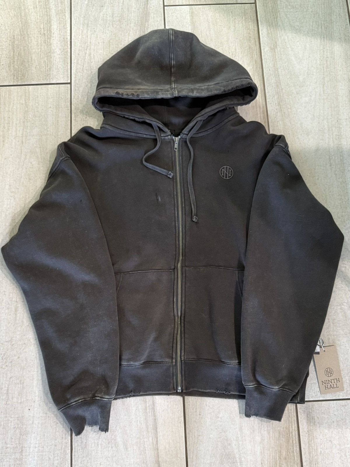 Ninth Hall Fundamentals Boxy Distressed Grey Zip Up Hoodie