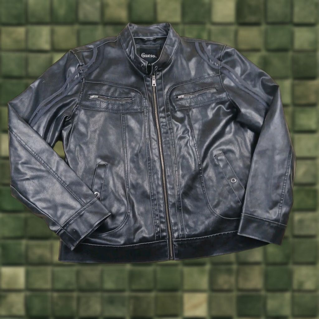 Guess GUESS Motorcycle Jacket Mens XL Black Faux-Leather Band Collar Full Zip Zipper Pockets Regular Fit Short Coat Size US XL / EU 56 / 4 - 1 Thumbnail