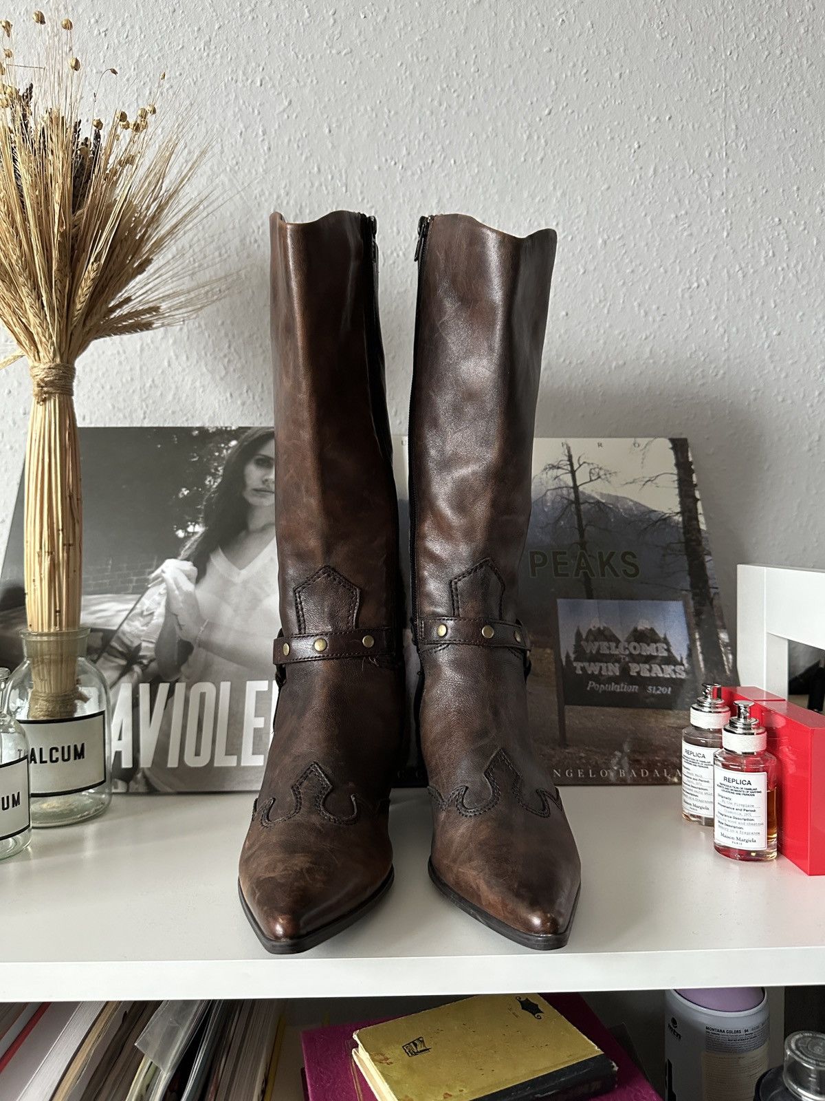 Other Old Leather Cowboy Vintage Pointed Toe Heels Moto Boots Size US 7 / IT 37 - 4 Thumbnail