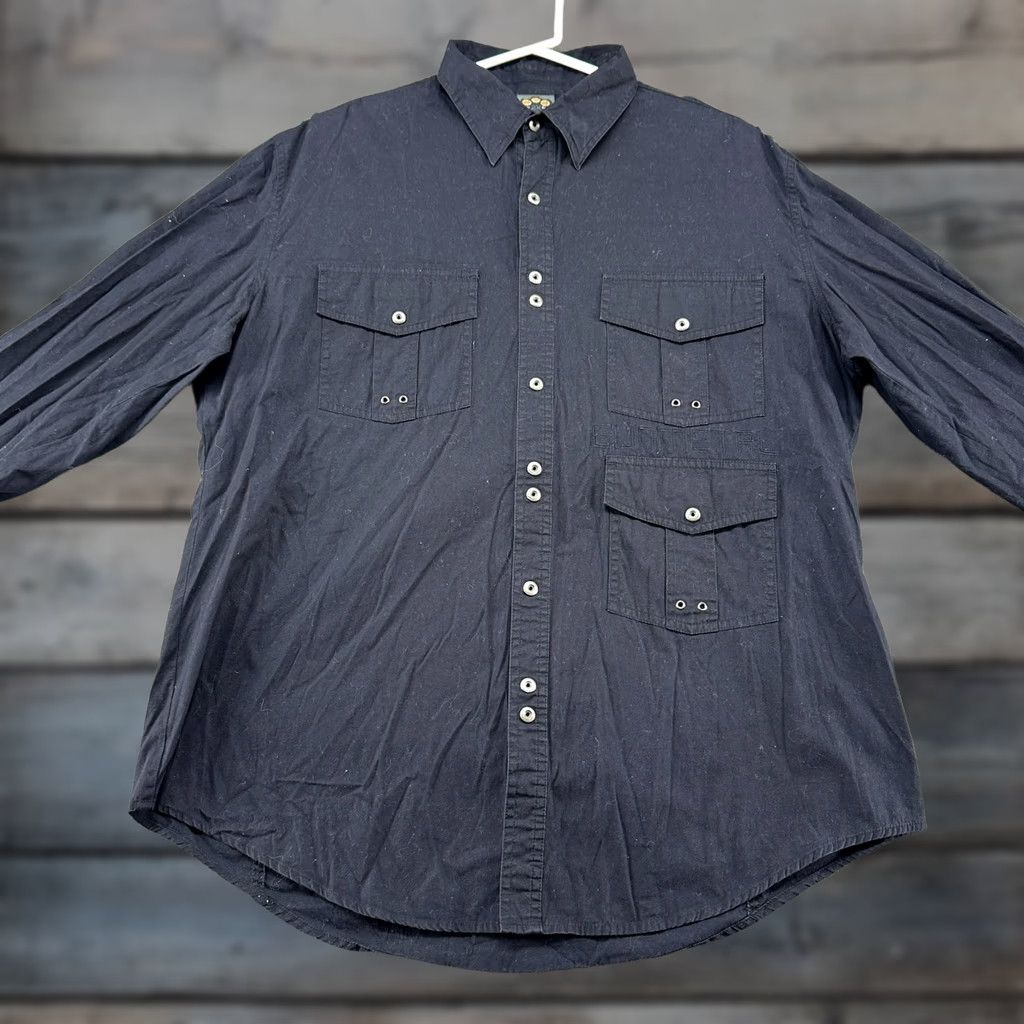 Vintage VINTAGE Blac Label Shirt Mens 2XL Black Cargo Pockets Steampunk Y2K 90s Workwear Casual Button-Up Long Sleeve Cotton Flannel Dark Black Mens Size US XXL / EU 58 / 5 - 1 Thumbnail