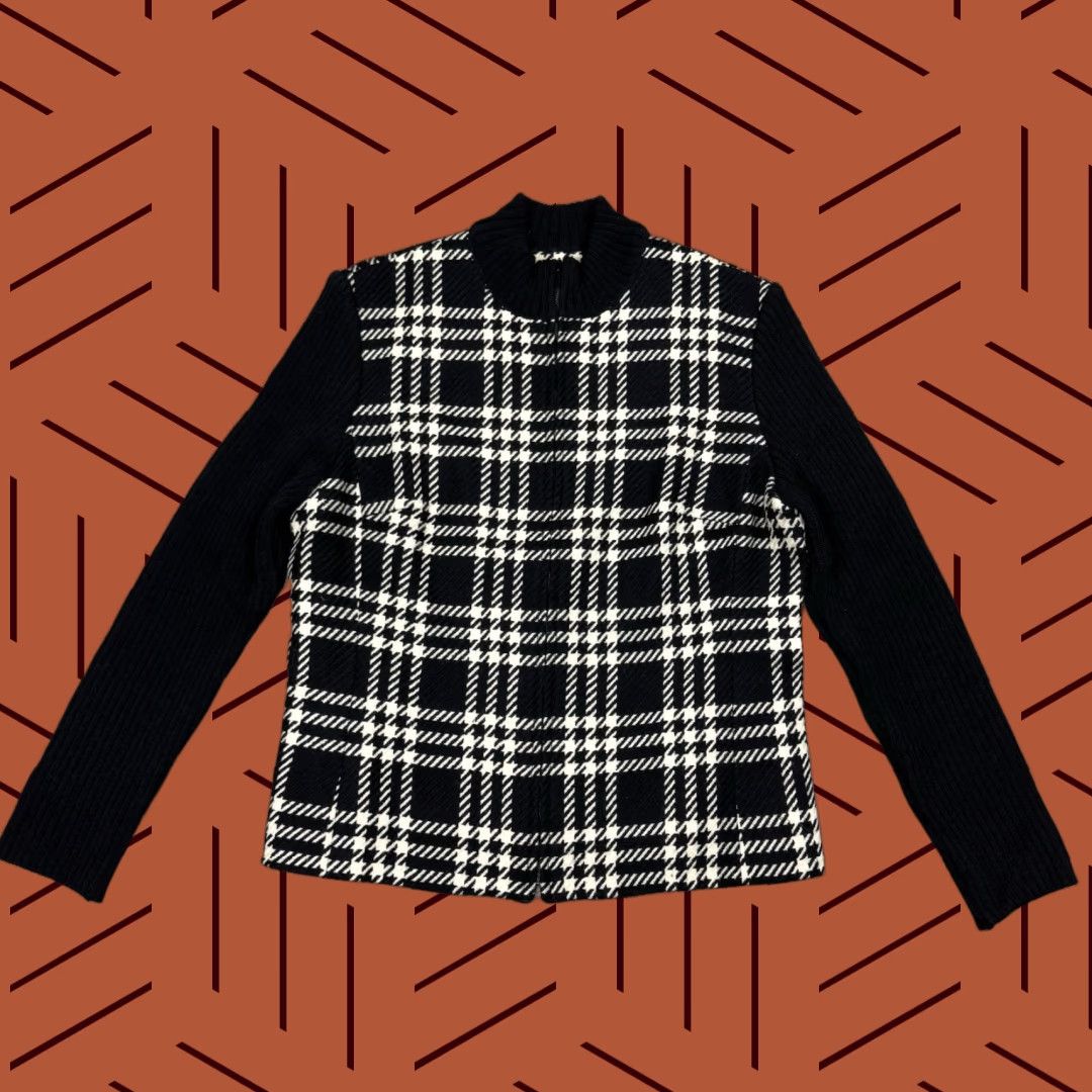 KATE HILL WOMENS PLAID FULL ZIP BLAZER SIZE 14 BLACK WHITE BUSINESS CLASSIC