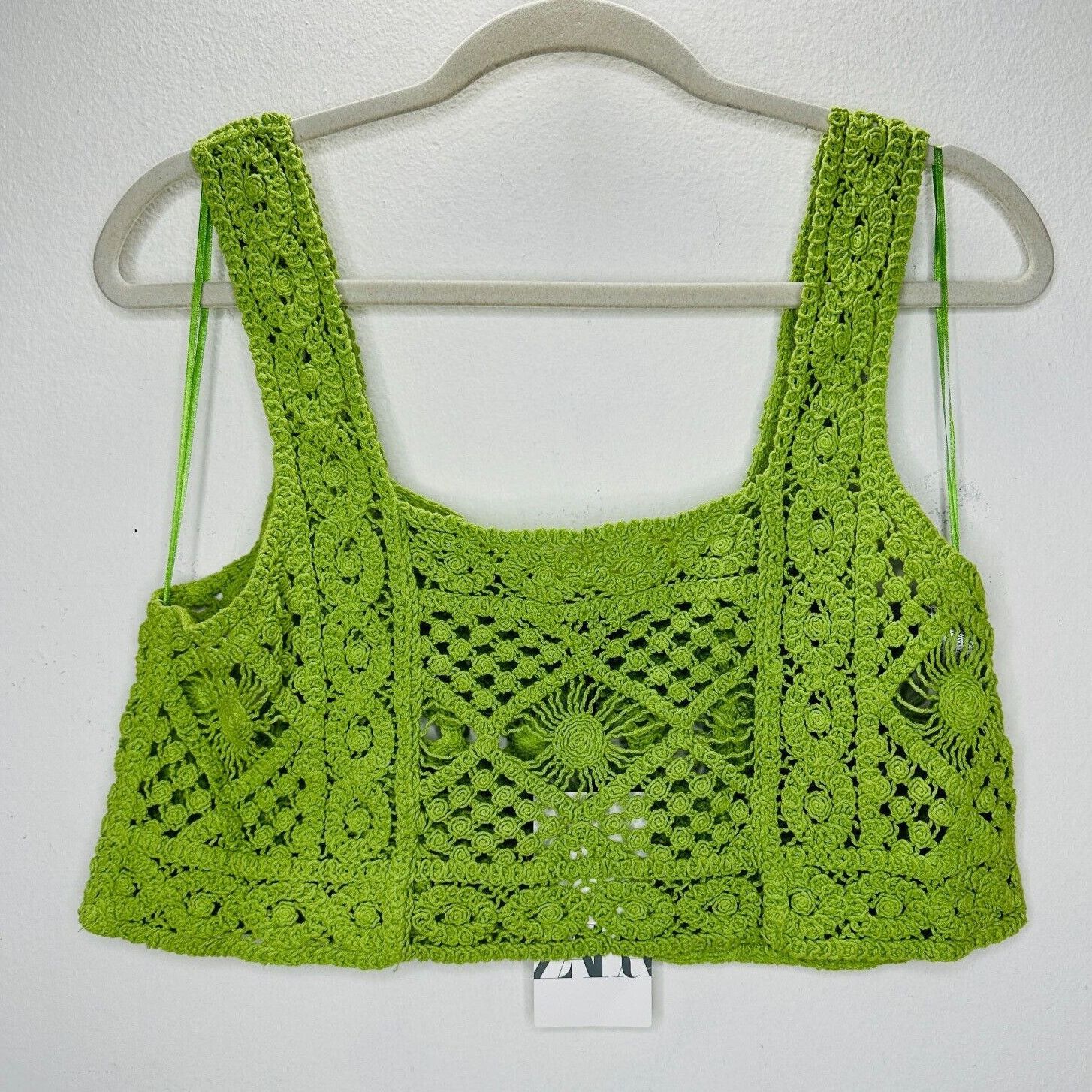 Zara NWT Zara Lime Green Square Neck Crochet Crop Tank Top Small Size S / US 4 / IT 40 - 9 Thumbnail