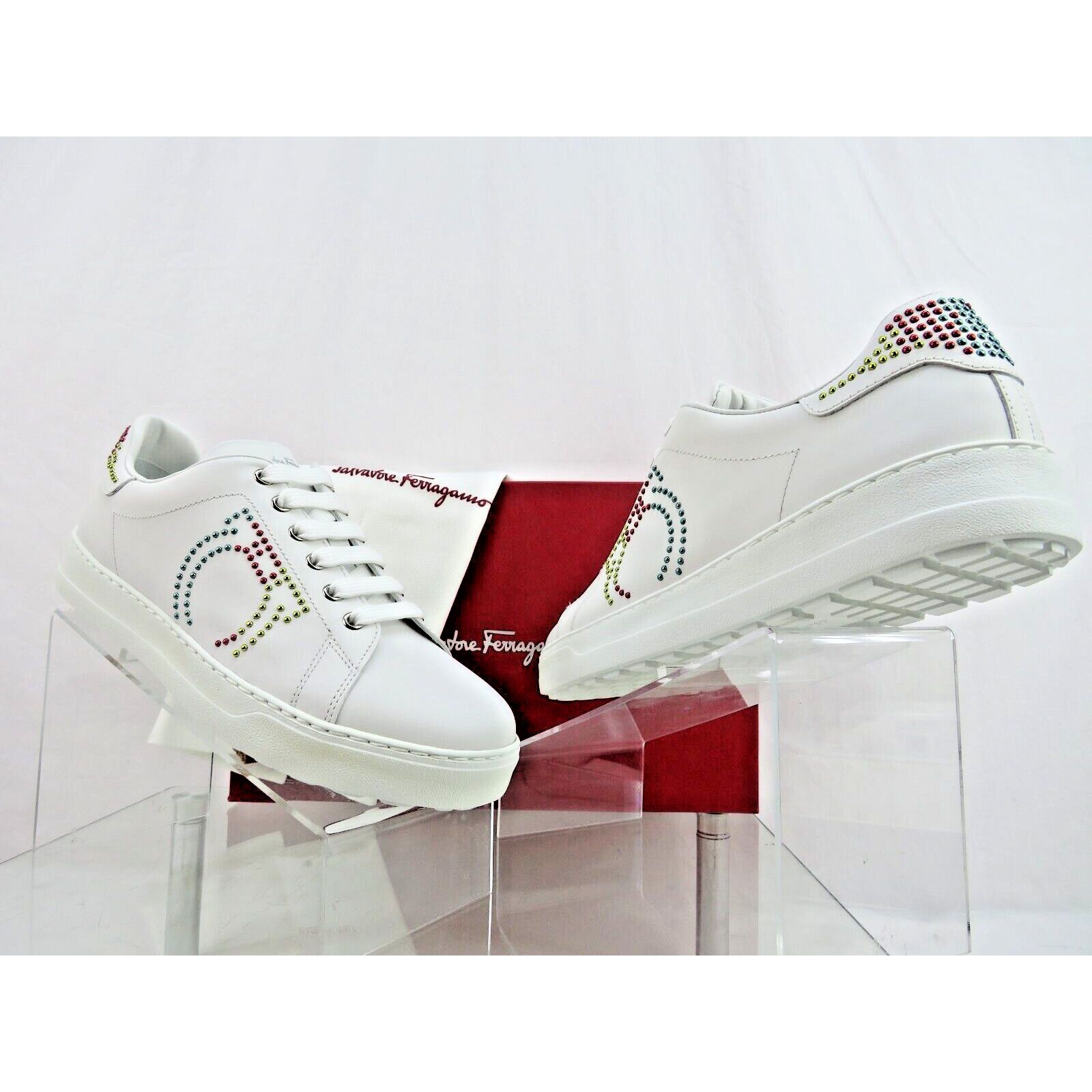 Salvatore Ferragamo PIERRE WHITE LEATHER STADS GANCINI LOGO SNEAKERS 9 C ITALY Size US 9 / IT 39 - 10 Thumbnail
