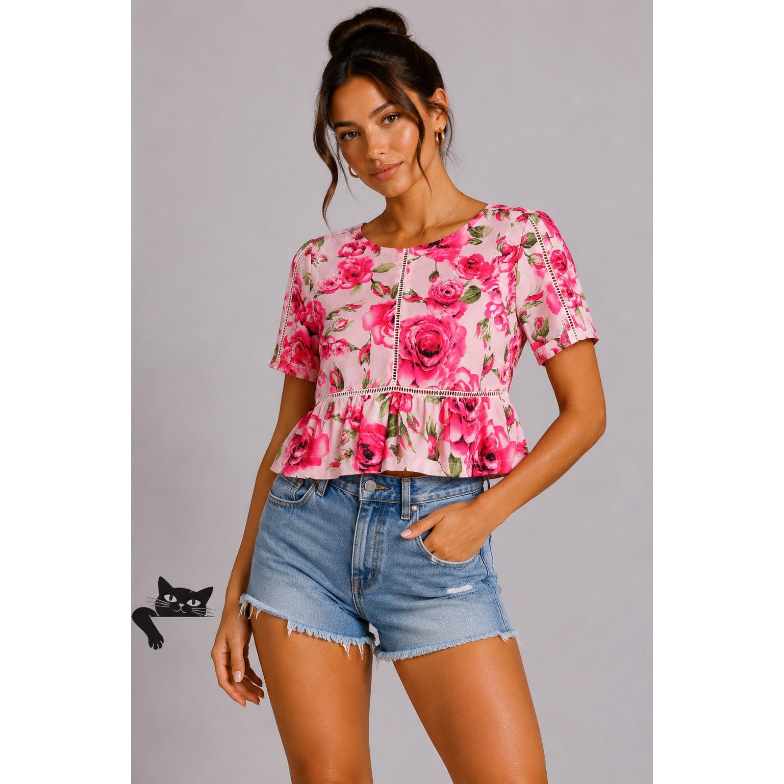 Other May & July Hot Pink & Green Floral Short Sleeve Crop Blouse Size S / US 4 / IT 40 - 2 Thumbnail