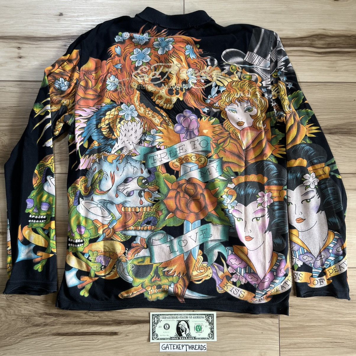 Ed Hardy Ed Hardy Distressed Long Sleeve Black Polo Shirt AOP Size US XL / EU 56 / 4 - 1 Thumbnail