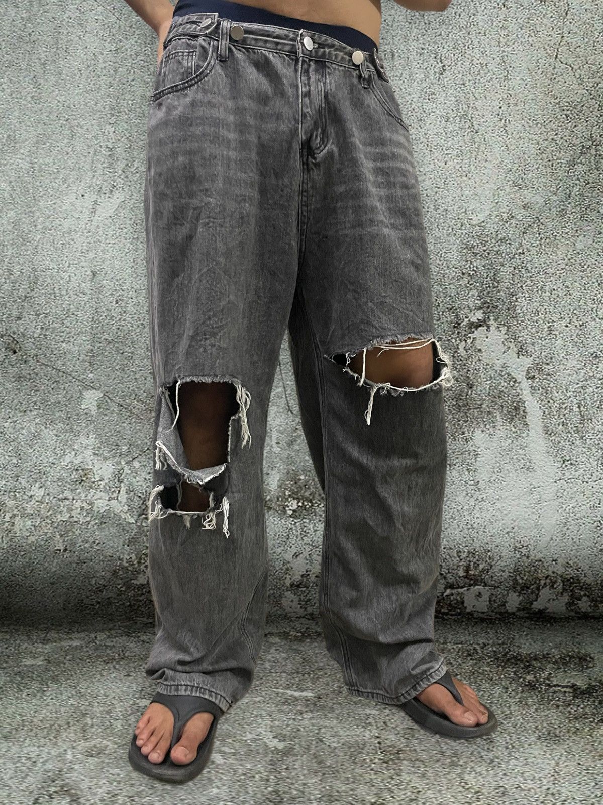 14th Addiction Japanese Brand Grey Wash Distressed Adjustable Baggy Jeans Size US 33 - 13 Thumbnail